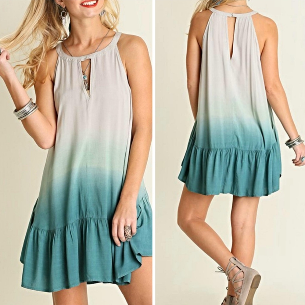Umgee Teal Ombre Sleeveless Mini Dress